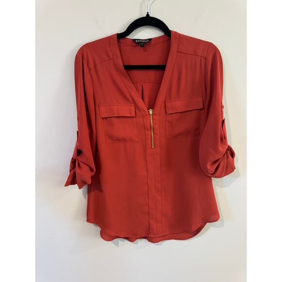 Express Women’s Half-Zip Blouse Burnt Orange Size S – Polished Long Sleeve Top - Picture 3 of 5